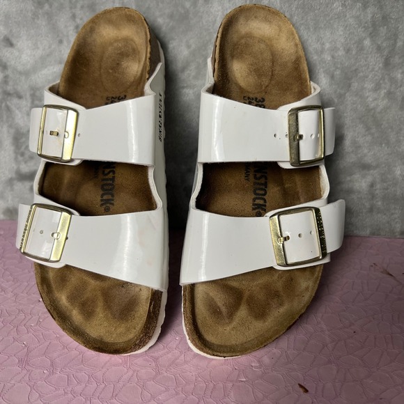 Birkenstock Arizona Birko-Flor Patent White Two Strap Sandals Size 38 - Picture 1 of 5